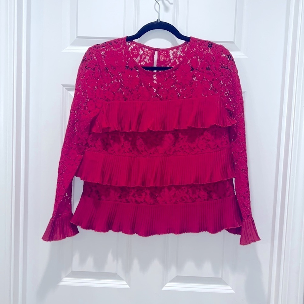J.Crew Red Lace Pleated Ruffle layers Top Size 4 Holiday Party Family photos - Picture 3 of 9